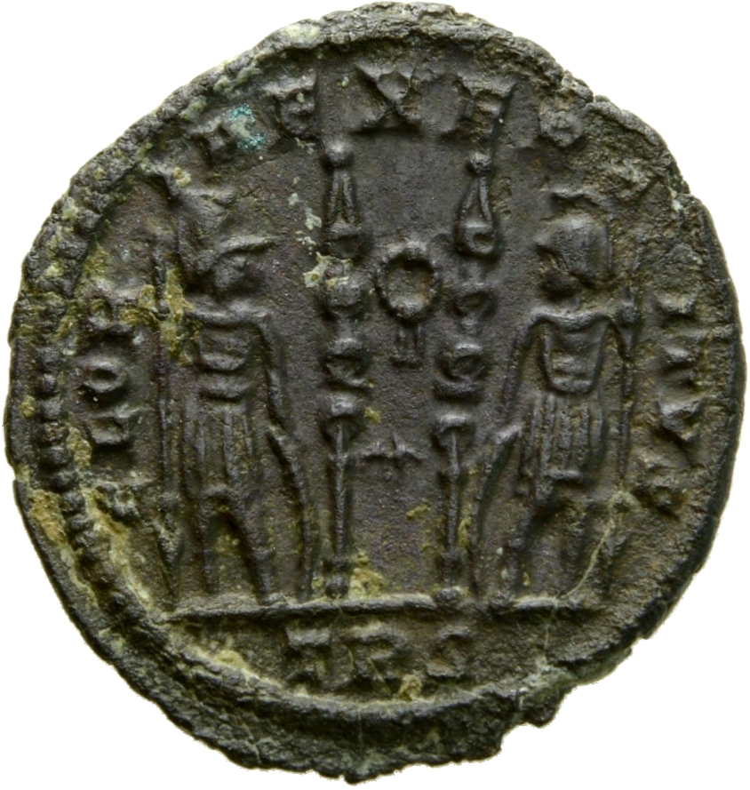RIC VII Treveri 551 Constantine I reverse, Two soldiers, helmeted, draped, cuirassed, standing facing each other, each hol...