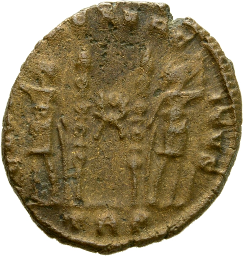 RIC VII Treveri 551 Constantine I reverse, Two soldiers, helmeted, draped, cuirassed, standing facing each other, each hol...