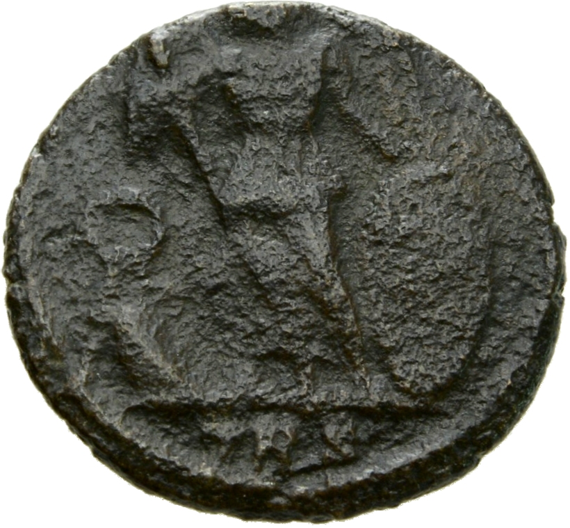 RIC VII Treveri 554 Constantine I reverse, Victory, winged, draped, standing left on prow, holding spear in right hand and...