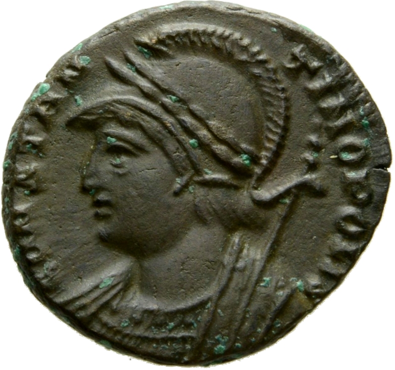 RIC VII Treveri 554 Constantine I obverse, Bust of Constantinopolis, laureate, helmeted, wearing imperial cloak, left, hol...