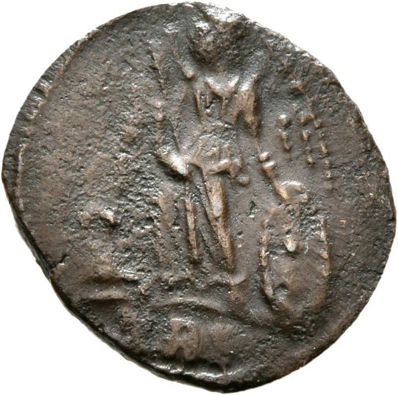 RIC VII Treveri 554 Constantine I reverse, Victory, winged, draped, standing left on prow, holding spear in right hand and...