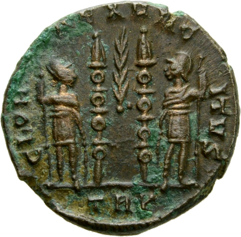 RIC VII Treveri 556 Constantine I reverse, Two soldiers, helmeted, draped, cuirassed, standing facing each other, each hol...
