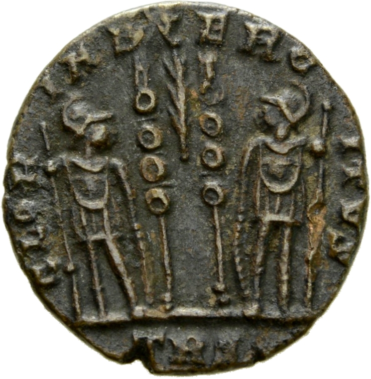 RIC VII Treveri 558 Constantine I reverse, Two soldiers, helmeted, draped, cuirassed, standing facing each other, each hol...