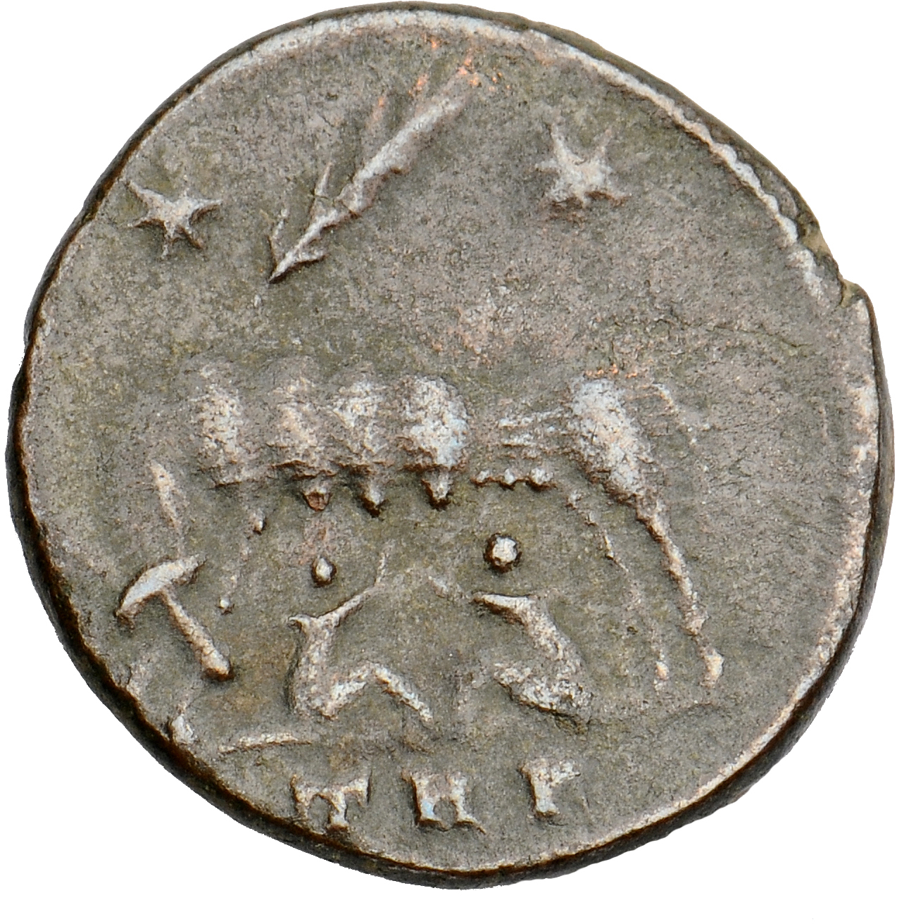 RIC VII Treveri 561 Constantine I reverse, She-wolf, standing left, suckling twins; above, two stars