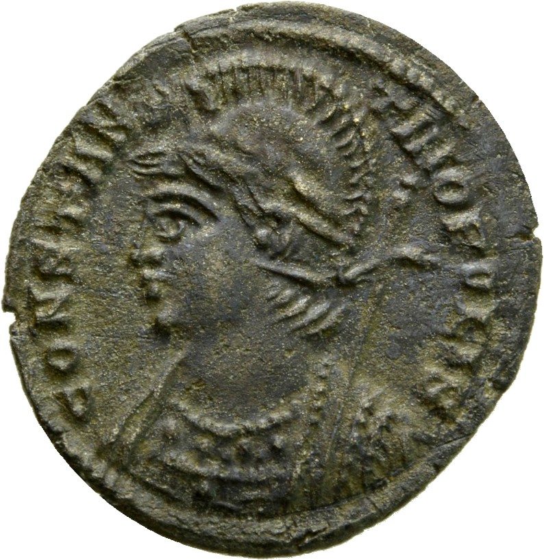 RIC VII Treveri 563 Constantine I obverse, Bust of Constantinopolis, laureate, helmeted, wearing imperial cloak, left, hol...