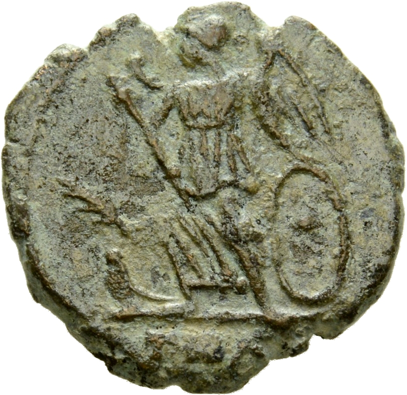 RIC VII Treveri 563 Constantine I reverse, Victory, winged, draped, standing left on prow, holding spear in right hand and...