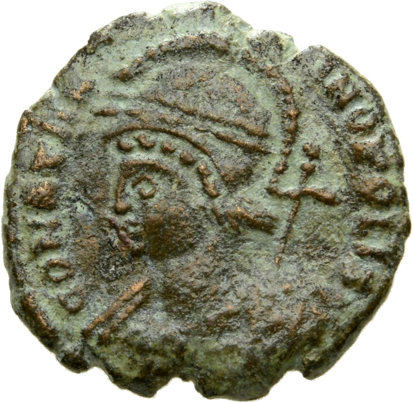 RIC VII Treveri 563 Constantine I obverse, Bust of Constantinopolis, laureate, helmeted, wearing imperial cloak, left, hol...