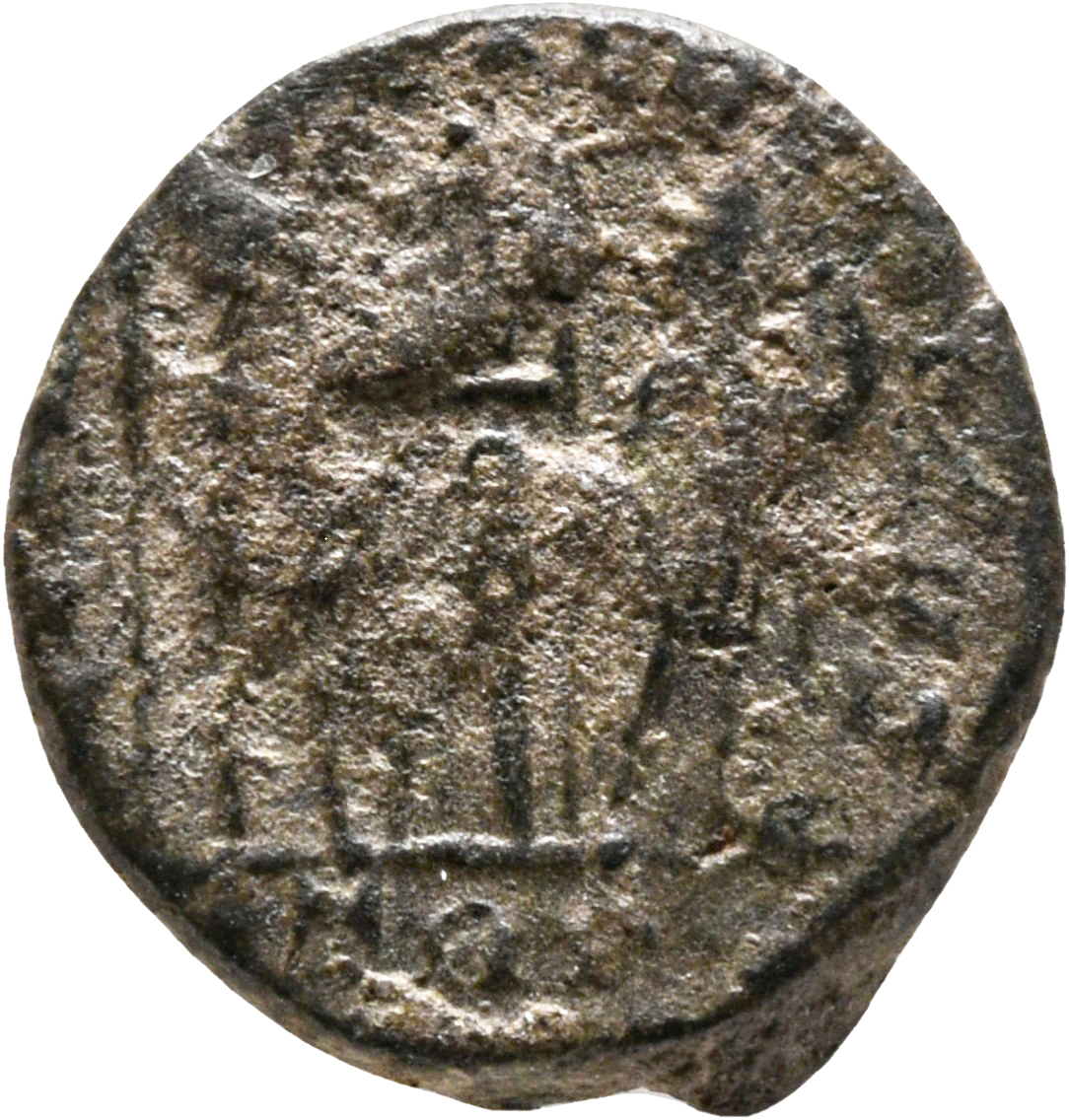 RIC VII Treveri 586 Constantine I reverse, Two soldiers, helmeted, draped, cuirassed, facing each other, holding a standar...