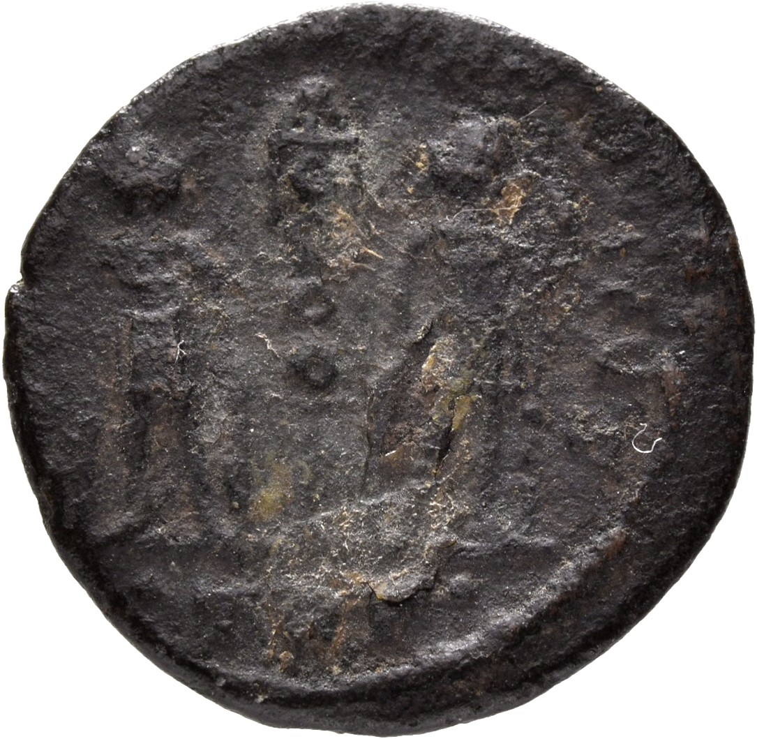 RIC VII Treveri 591 Constantine I reverse, Two soldiers, helmeted, draped, cuirassed, facing each other, holding a standar...