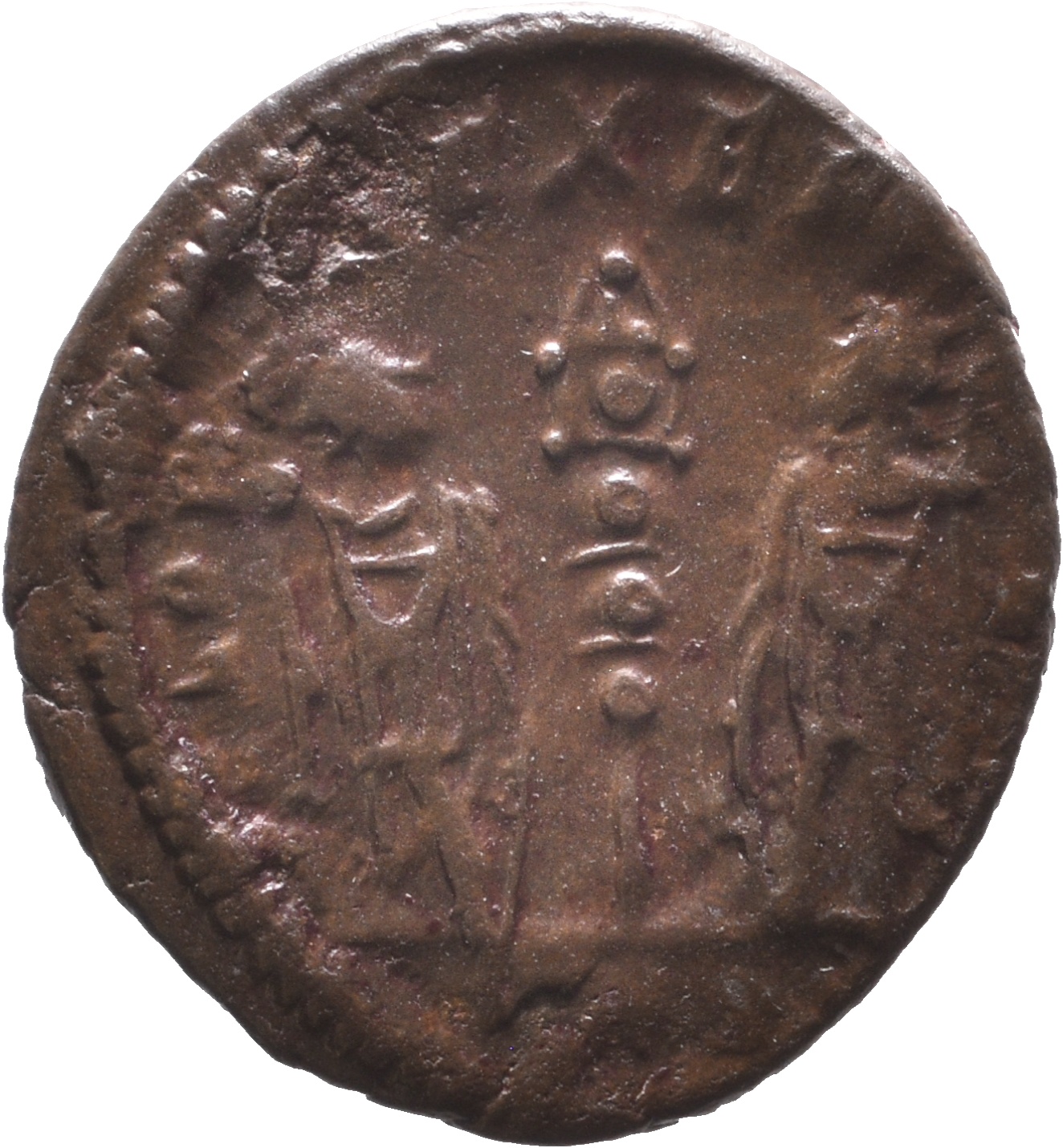 RIC VII Treveri 591 Constantine I reverse, Two soldiers, helmeted, draped, cuirassed, facing each other, holding a standar...