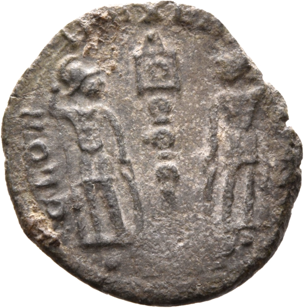 RIC VII Treveri 592 Constantine I reverse, Two soldiers, helmeted, draped, cuirassed, facing each other, holding a standar...