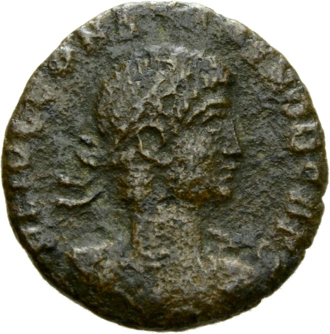 RIC VII Treveri 593 Constantine I obverse, Bust of Constans, laureate, draped, cuirassed, right, seen from behind