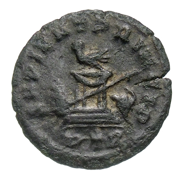 RIC VII Treveri 63 Constantine I reverse, Altar with bird, spear across altar; to left shield; to right, helmet