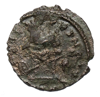RIC VII Treveri 63 Constantine I reverse, Altar with bird, spear across altar; to left shield; to right, helmet