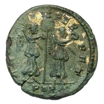 RIC VII Treveri 66 Constantine I reverse, Two Victories, winged, draped, advancing right, both holding wreath and branch; ...