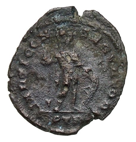 RIC VII Treveri 69 Constantine I reverse, Mars, helmeted, draped, cuirassed, chlamys spread, standing right, holding rever...