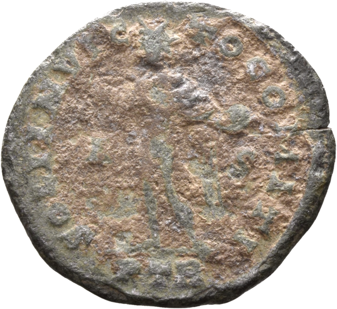 RIC VII Treveri 70 Constantine I reverse, Sol, radiate, chlamys draped across left shoulder, standing left, raising right ...
