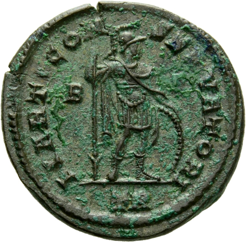 RIC VII Treveri 82 Constantine I reverse, Mars, helmeted, draped, cuirassed, cloak spread, standing right, holding reverse...