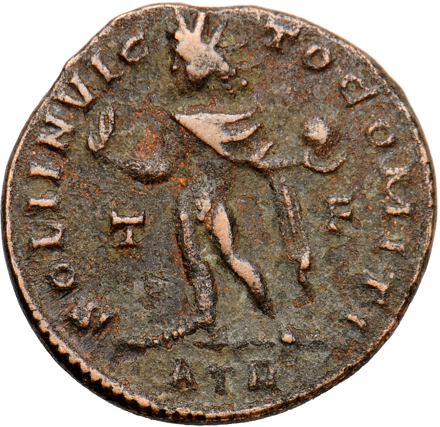 RIC VII Treveri 92 Constantine I reverse, Sol, radiate, chlamys draped across left shoulder, standing left, raising right ...