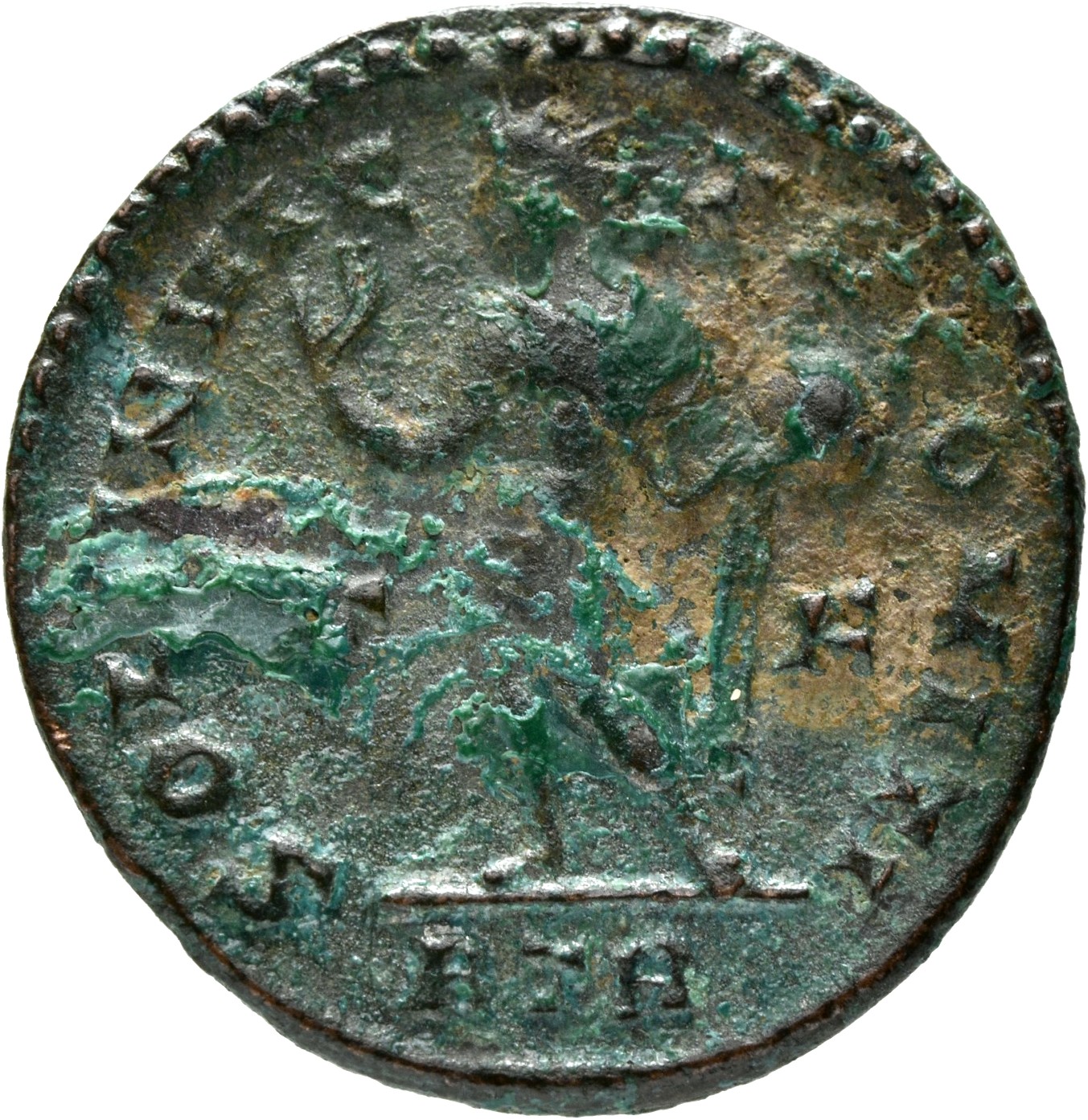 RIC VII Treveri 94 Constantine I reverse, Sol, radiate, chlamys draped across left shoulder, standing left, raising right ...