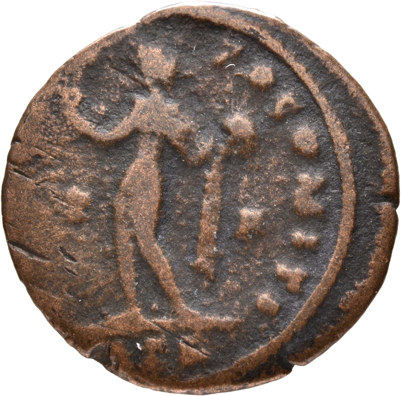 RIC VII Treveri 99 Constantine I reverse, Sol, radiate, chlamys draped across left shoulder, standing left, raising right ...