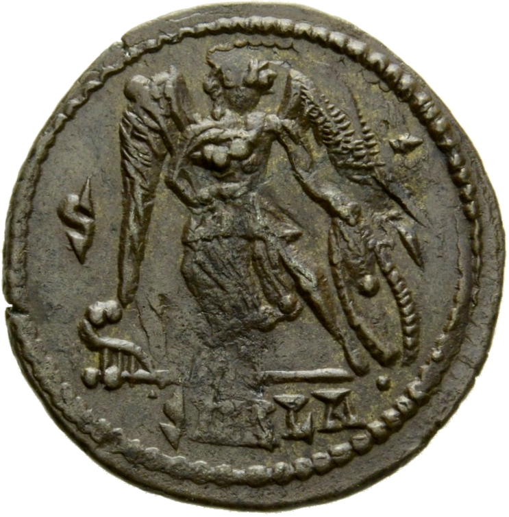 RIC VIII Alexandria 11 Constantius II reverse, Victory, winged, draped, standing left, right foot on prow, holding transve...