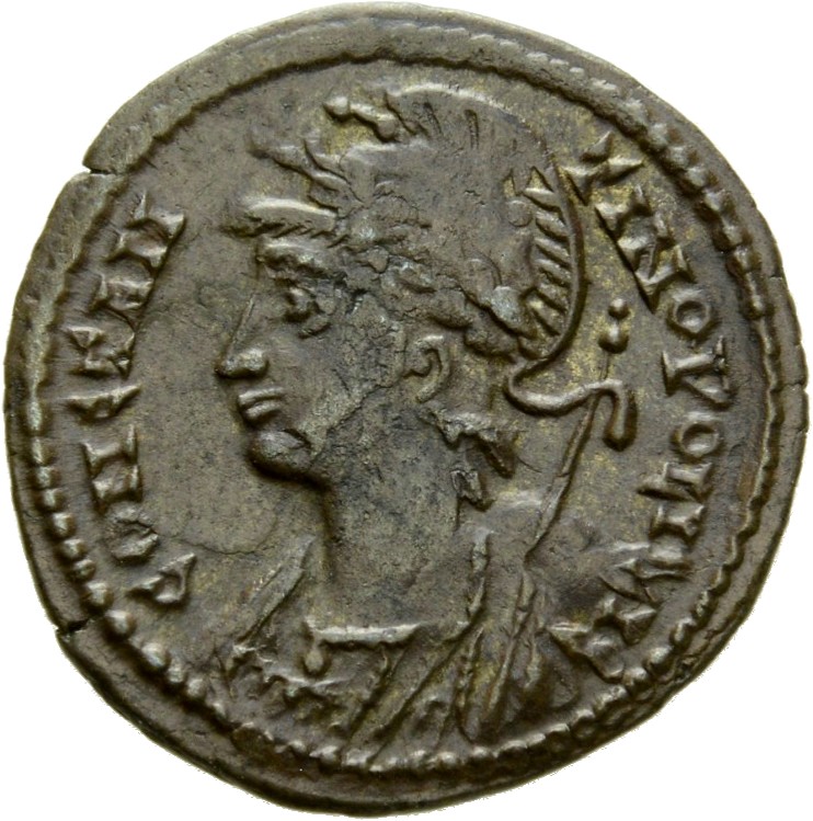 RIC VIII Alexandria 11 Constantius II obverse, Bust of Constantinopolis, laureate with crested helmet, wearing ornamental ...
