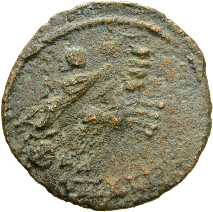 RIC VIII Alexandria 12 Constantius II reverse — Constantine I, veiled, draped, riding right in quadriga; Hand of God reach...