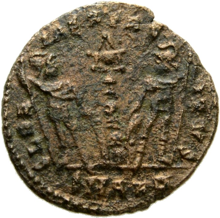RIC VIII Alexandria 13 Constantius II reverse, Two soldiers, helmeted, draped, cuirassed, facing front, heads toward each ...
