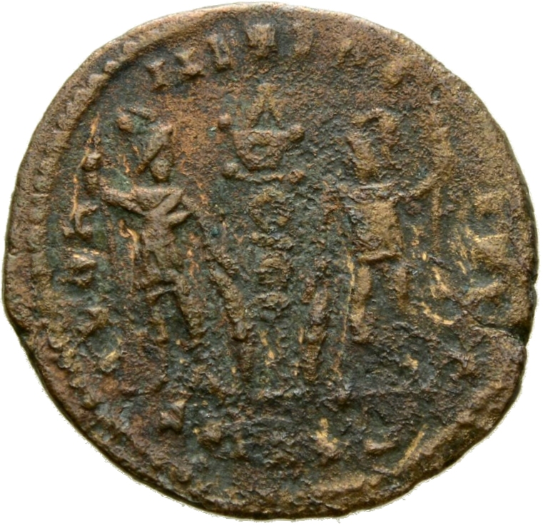 RIC VIII Alexandria 13 Constantius II reverse — Two soldiers, helmeted, draped, cuirassed, facing front, heads toward each...