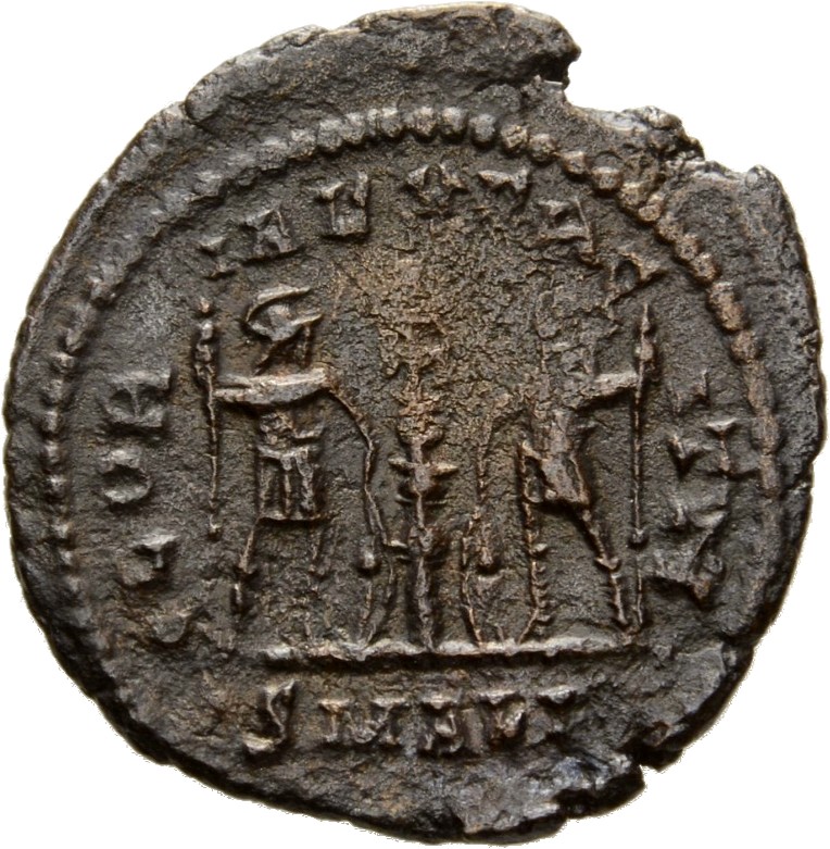 RIC VIII Alexandria 18 Constantius II reverse, Two soldiers, helmeted, draped, cuirassed, facing front, heads toward each ...