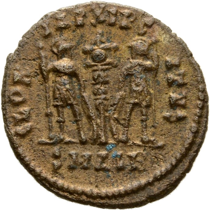 RIC VIII Alexandria 19 Constantius II reverse, Two soldiers, helmeted, draped, cuirassed, facing front, heads toward each ...