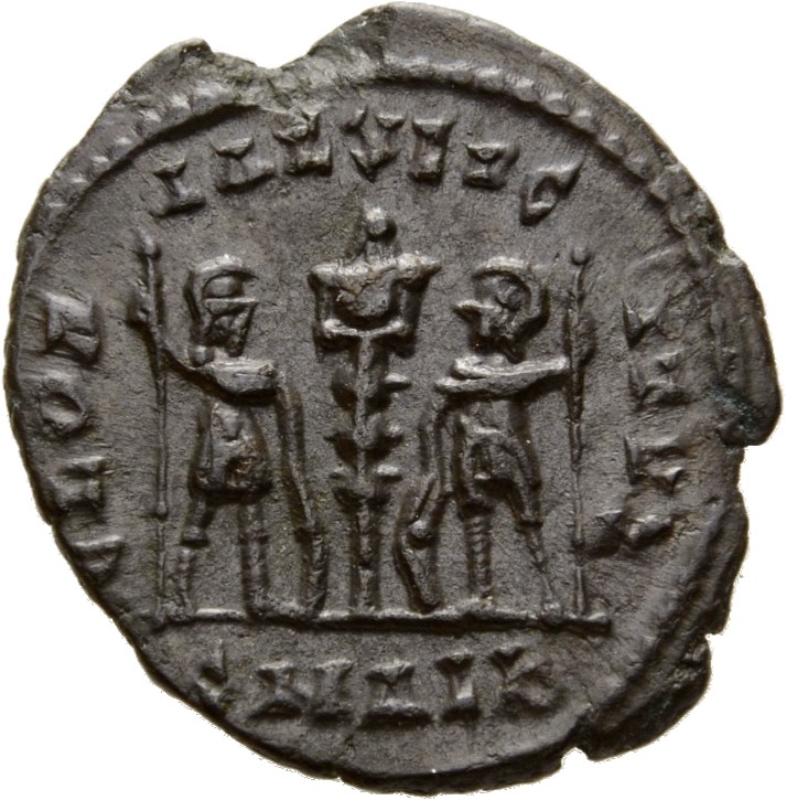 RIC VIII Alexandria 20 Constantius II reverse, Two soldiers, helmeted, draped, cuirassed, facing front, heads toward each ...
