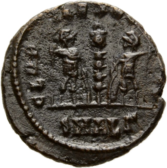 RIC VIII Alexandria 20 Constantius II reverse — Two soldiers, helmeted, draped, cuirassed, facing front, heads toward each...