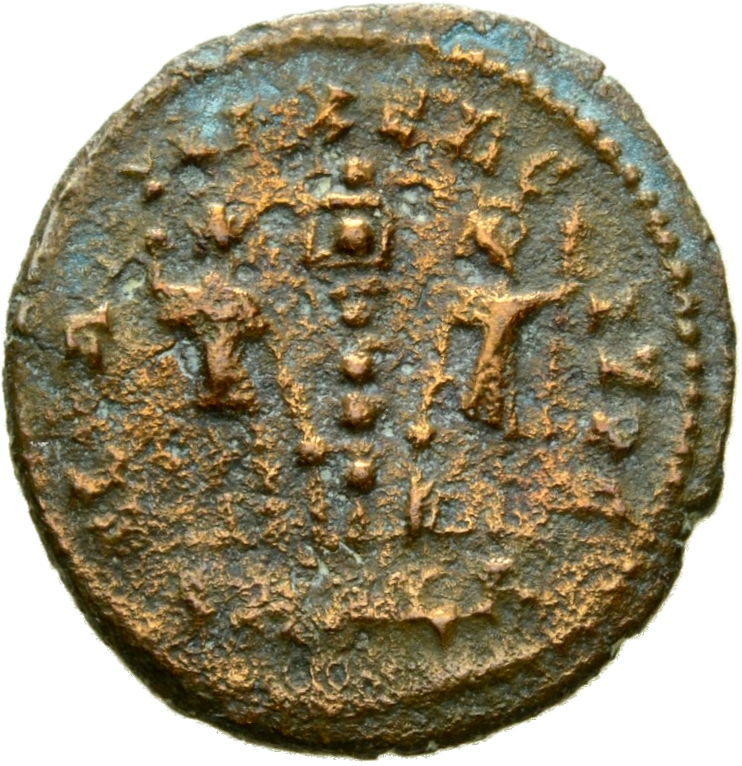 RIC VIII Alexandria 21 Constantius II reverse, Two soldiers, helmeted, draped, cuirassed, facing front, heads toward each ...