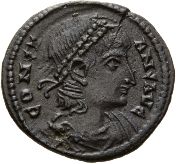 RIC VIII Alexandria 21 Constantius II obverse — Bust of Constans, pearl-diademed, draped, cuirassed, right