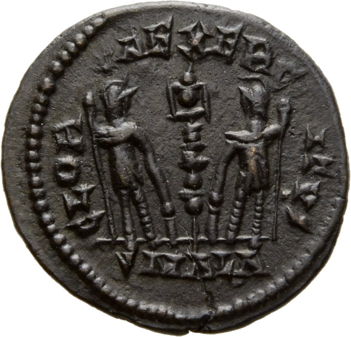 RIC VIII Alexandria 21 Constantius II reverse — Two soldiers, helmeted, draped, cuirassed, facing front, heads toward each...