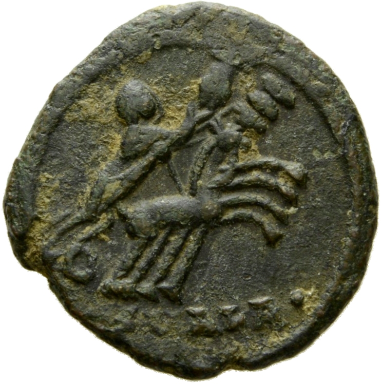 RIC VIII Alexandria 22 Constantius II reverse, Constantine I, veiled, draped, riding right in quadriga; Hand of God reache...