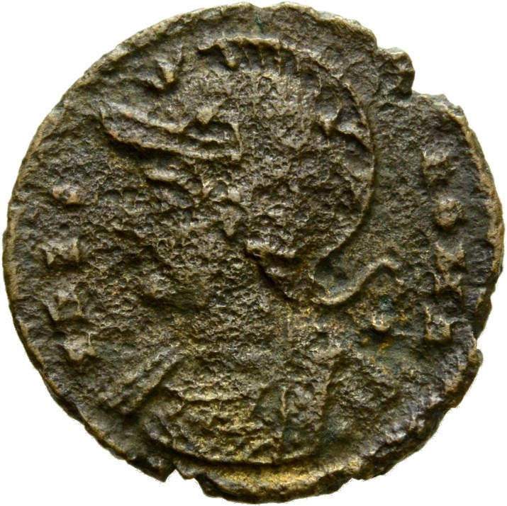 RIC VIII Alexandria 26 Constantius II obverse, Bust of Roma, visored with crested helmet, wearing ornamental mantle, left