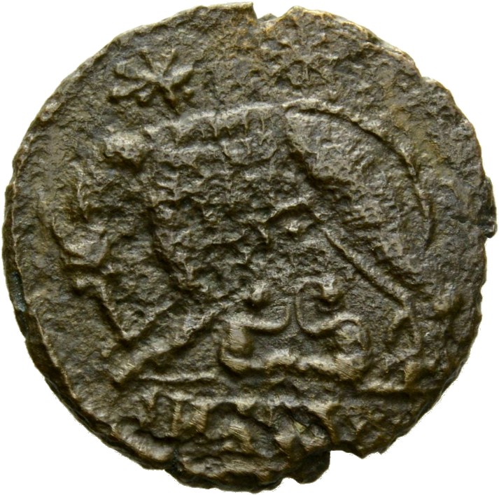 RIC VIII Alexandria 26 Constantius II reverse, Wolf, standing left, suckling Romulus and Remus; above, two stars