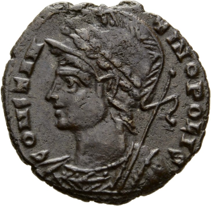 RIC VIII Alexandria 26 Constantius II obverse — Bust of Roma, visored with crested helmet, wearing ornamental mantle, left