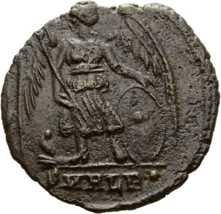 RIC VIII Alexandria 26 Constantius II reverse — Wolf, standing left, suckling Romulus and Remus; above, two stars