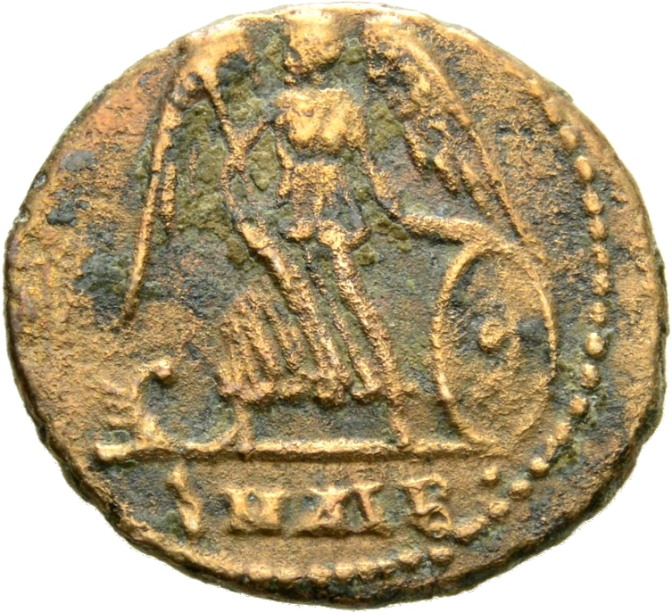 RIC VIII Alexandria 27 Constantius II reverse, Victory, winged, draped, standing left, right foot on prow, holding transve...