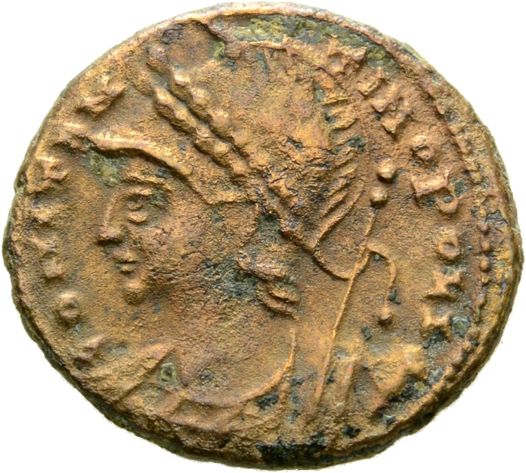 RIC VIII Alexandria 27 Constantius II obverse, Bust of Constantinopolis, laureate with crested helmet, wearing ornamental ...
