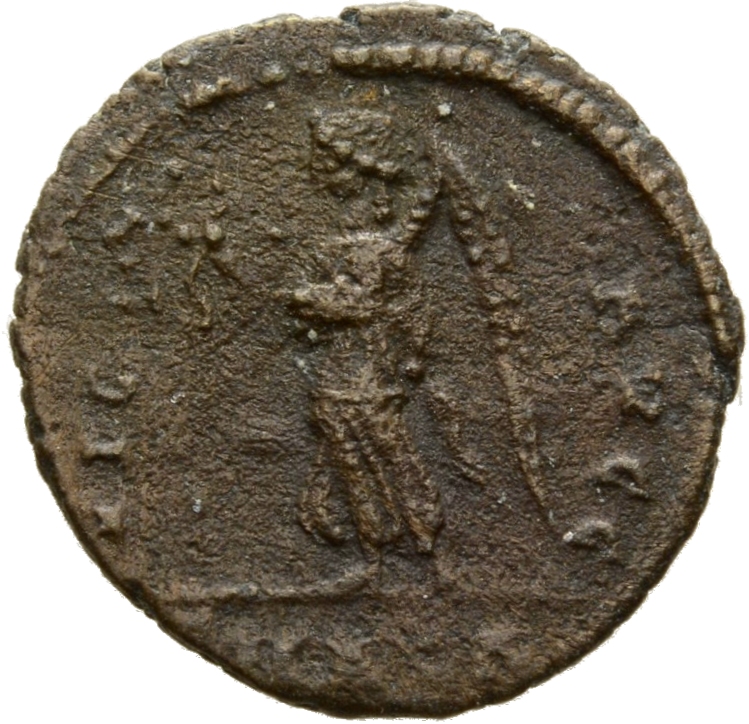 RIC VIII Alexandria 30 Constantius II reverse, Victory, winged, draped, advancing left, holding wreath in right hand and p...