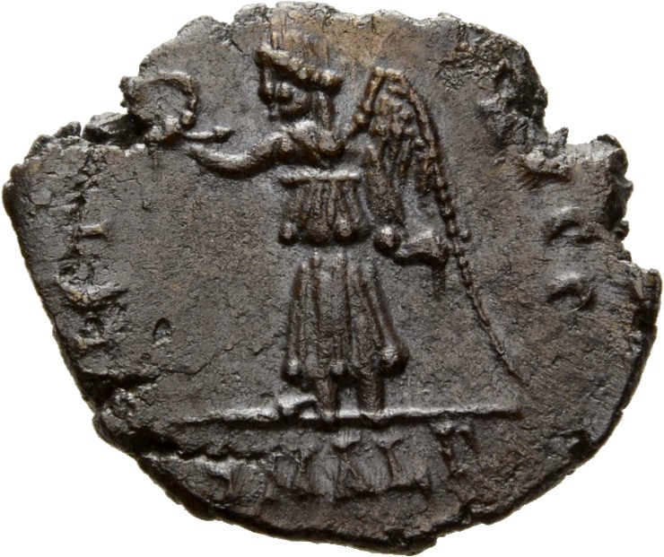 RIC VIII Alexandria 30 Constantius II reverse — Victory, winged, draped, advancing left, holding wreath in right hand and ...