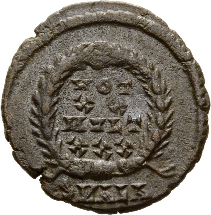 RIC VIII Alexandria 33 Constantius II reverse, VOT/XX/MVLT/XXX within a wreath