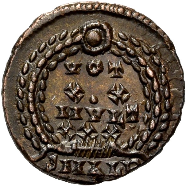 RIC VIII Alexandria 33 Constantius II reverse — VOT/XX/MVLT/XXX within a wreath