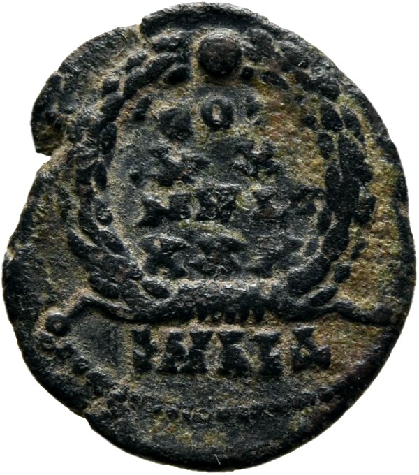 RIC VIII Alexandria 34 Constantius II reverse — VOT/XX/MVLT/XXX within a wreath