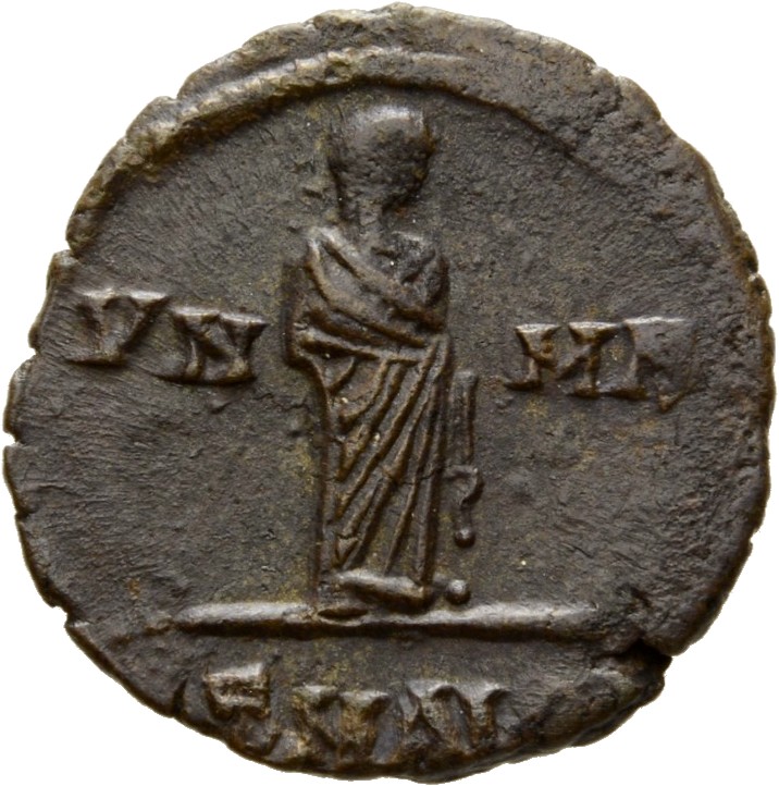 RIC VIII Alexandria 35 Constantius II reverse, Constantine I, veiled, draped, standing right